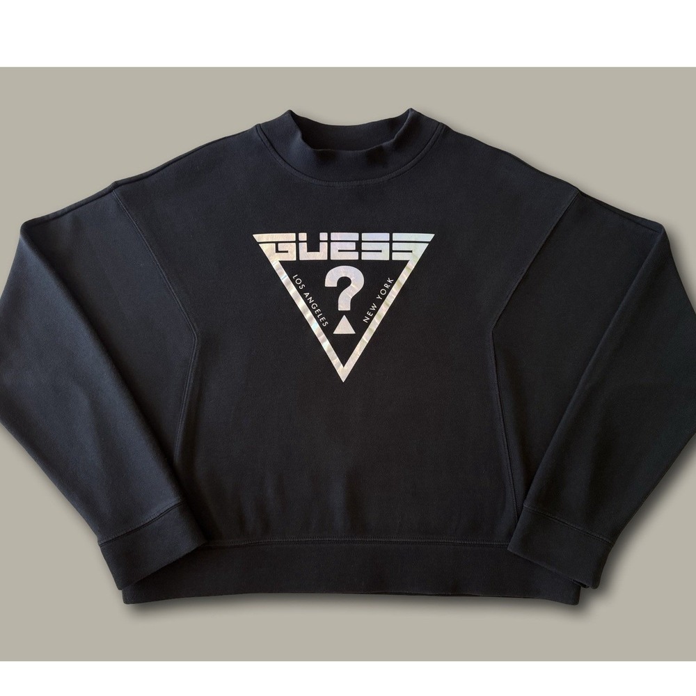 Guess Holographic Logo Sweatshirt Size L Black Iridescent Streetwear Pullover